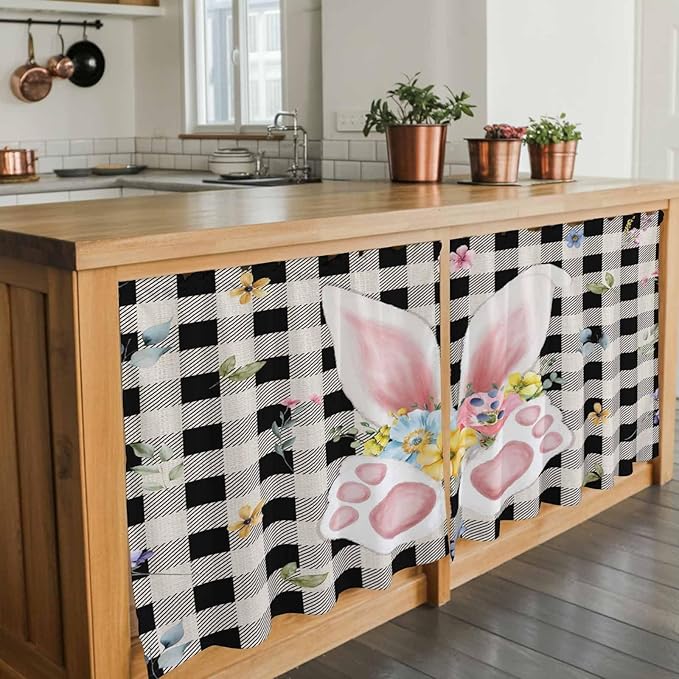 Easter Kitchen Tier Curtains 36 Inch Long 2 Panel Set,Rod Pocket Half Window Curtains Over Sink,Spring Rabbits Ears Feet Wildflowers Black Plaid Light Filtering Short Drapes Cafe 27.5"W x 36"L