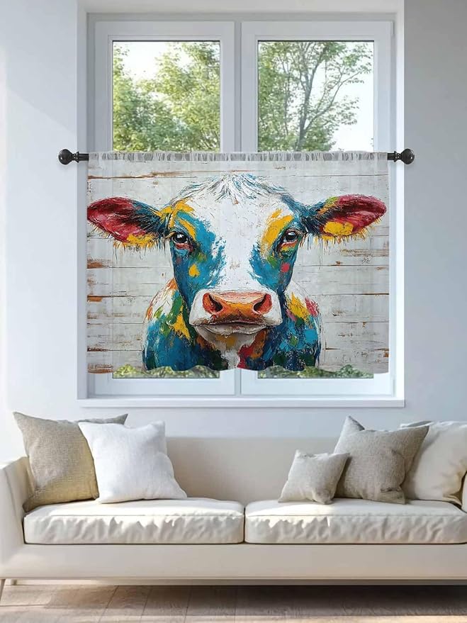 Sheer Curtains 45 Inch Length, Rustic Cow Semi Sheer Curtains Light Filtering Window Treatment, Vintage Colorful Animals Art Wooden Grain Privacy Voile Drapes for Living Room Bedroom 52x45 Inch