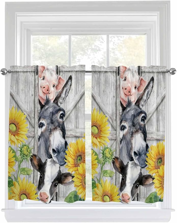 Farmhouse Kitchen Curtains 45 Inches length, Watercolor Sunflowers Animals Printed Wood Grain Window Treatment Curtain Drapes, Lightweight Window Panels for Living Room Bedroom, 52"x45", 2 Panels