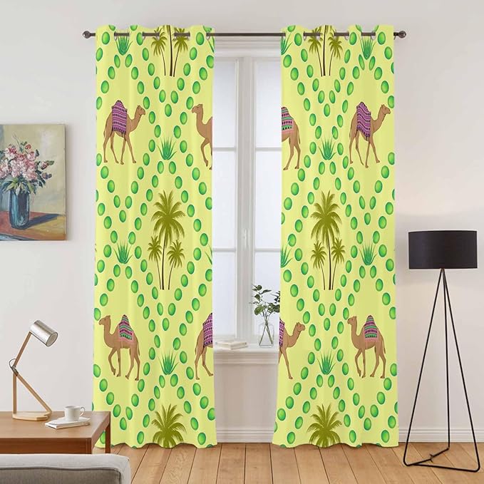 2 Panel Kitchen Cafe Curtains, Desert Sand Camels Sunlight Filtering Nature Air Through, Window Decor Tier Curtains for Living Room 104W x 90L inch Palm Trees Tropical Plants Polka Dot Yellow