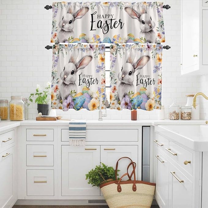 Happy Easter Kitchen Curtains Set 3 Piece for Windows,Rod Pocket Valance and Tier Set 36 Inch Length,Spring Grey Bunny Colorful Eggs Flower Beige Light Filtering Cafe Curtains for Living Room