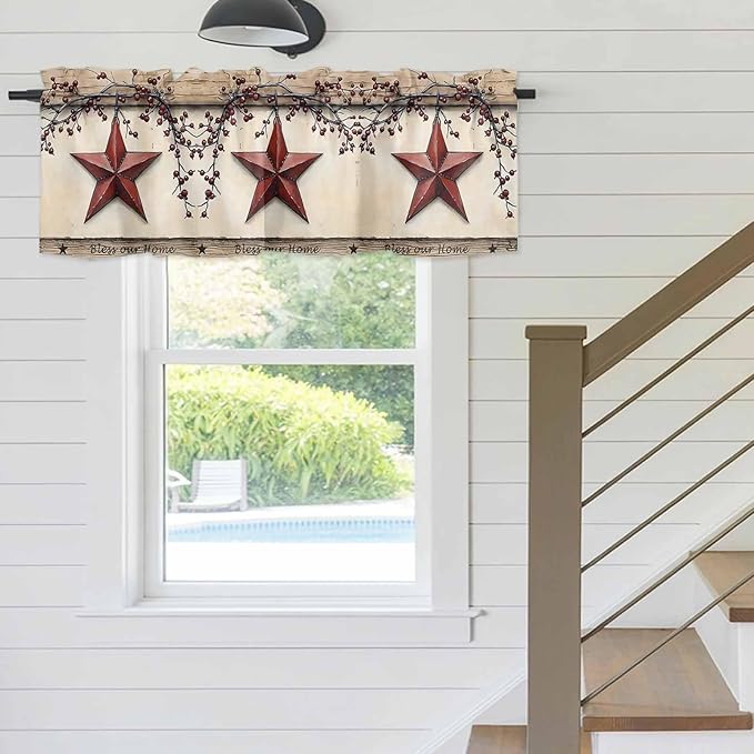 Farmhouse American Valances for Windows, Country Star Berries Vintage Wood Grain Kitchen Valance Light Filtering Rod Pocket Short Curtains for Kitchen Bathroom, 1 Panel, 60"x18"