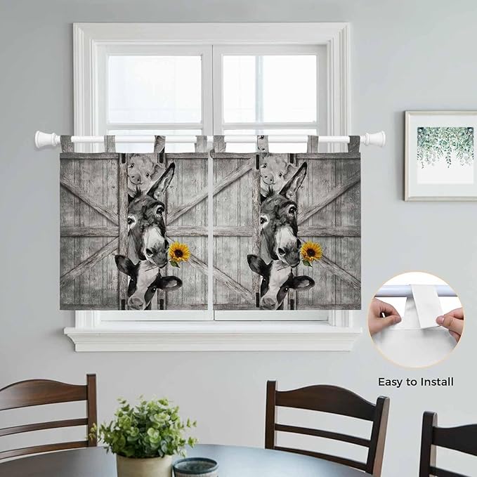 Funny Farm Animals Kitchen Curtains 36 Inch Length, Small Window Curtains Tab Top, Vintage Barn Grey Sunflowers Light Filtering Short Window Treatments Tier Drapes 27.5"x36" 2 Panel