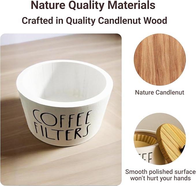 Wooden Coffee Filter Holder With Lid-Rustic Storage Container and Dispenser Basket for Coffee Bar Decor, Farmhouse Accessories(Black)