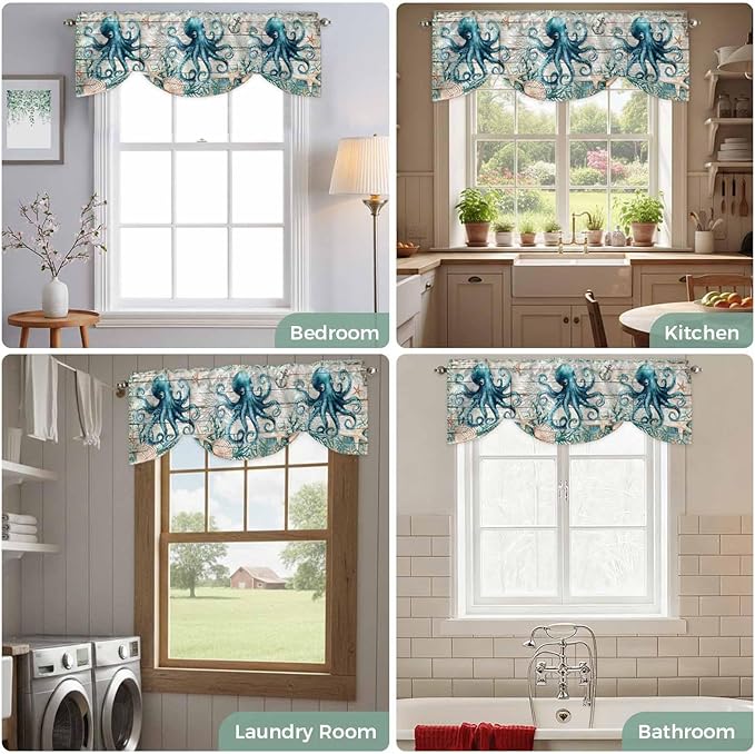 Sea Octopus Ocean Starfish Tie Up Valance Curtains,Nautical Anchor Vintage Wood Grain Kitchen Light Filtering Window Treatments with 3-inch Rod Pocket for Living Room,Bedroom,42x18In