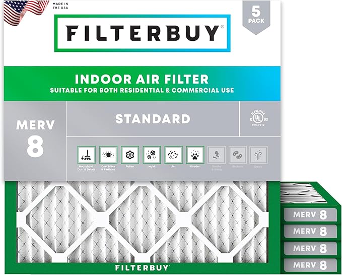 Filterbuy 19x19x1 Air Filter MERV 8 Essential Dust & Allergy Defense (5-Pack), Electrostatic Pleated HVAC AC Furnace Filters Replacement, Made in USA (Actual Size: 19.00 x 19.00 x 0.75)
