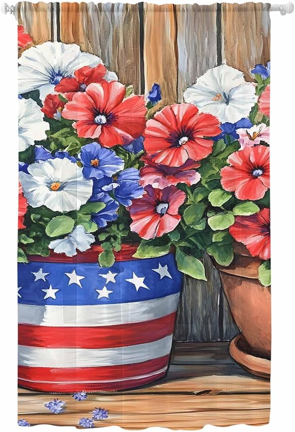 Sheer Curtains 96 Inches Long, Red Blue Flower Semi Sheer Curtains Light Filtering Window Treatment, Retro Independence Day Flag Wood Grain Privacy Voile Drapes for Living Room Bedroom 52x96 Inch