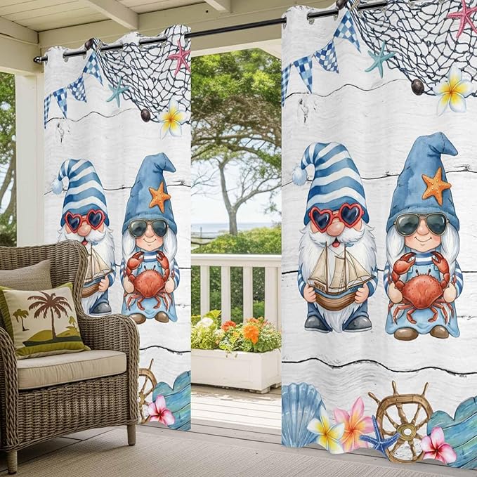Ocean Gnome Outdoor Curtains for Patio Summer Marine Plumeria Shell Wooden Waterproof Outside Curtains with Grommet Top Weatherproof Curtain for Cabana Pergola Gazebo, 2 Pack, 54" W x 108" L