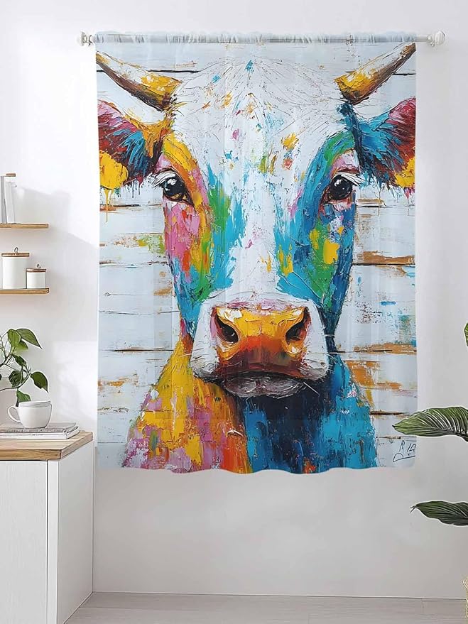 Sheer Curtains 63 Inch Length, Funny Colorful Cow Semi Sheer Curtains Light Filtering Window Treatment, Retro Rustic Oil Painting Wood Grain Privacy Voile Drapes for Living Room Bedroom 52x63 Inch