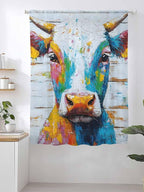 Sheer Curtains 63 Inch Length, Funny Colorful Cow Semi Sheer Curtains Light Filtering Window Treatment, Retro Rustic Oil Painting Wood Grain Privacy Voile Drapes for Living Room Bedroom 52x63 Inch