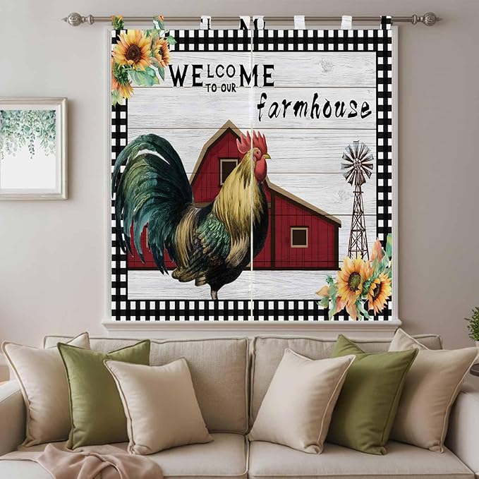Farmhouse Rooster Bedroom Curtains 72 Inch Length, Window Curtains Tab Top, Rustic Red Barn Windmill Sunflowers Light Filtering Window Treatments Drapes 52"x72" 2 Panel