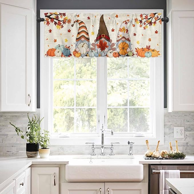 Fall Kitchen Curtain Set, Thanksgiving Gnomes Maple Leaf Pumpkin Beige Window Valance and Tiers 24" Length, Light Filtering Short Curtains Valance for Cafe Bathroom Bedroom 54"x18"