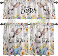 Happy Easter Kitchen Curtains Set 3 Piece for Windows,Rod Pocket Valance and Tier Set 24 Inch Length,Spring Grey Bunny Colorful Eggs Flower Beige Light Filtering Cafe Curtains for Living Room