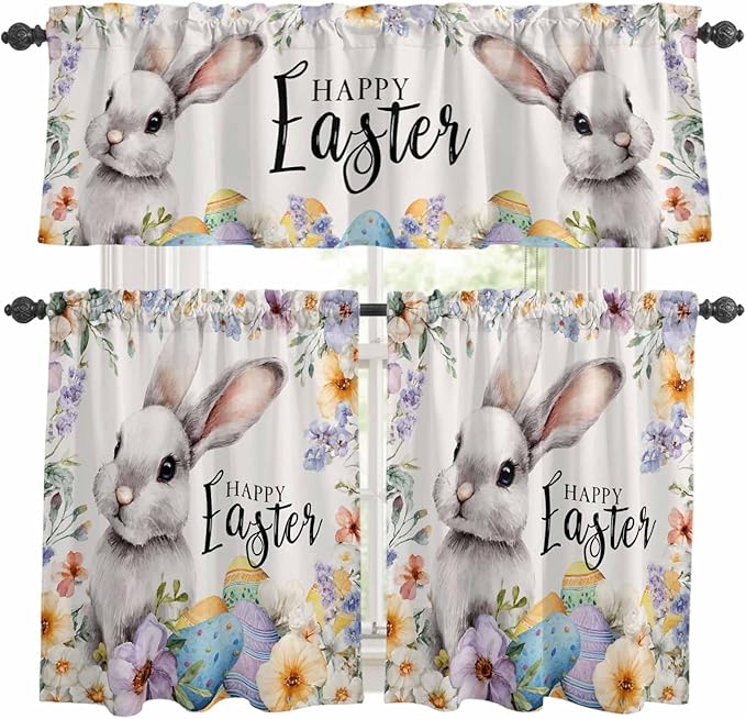 Happy Easter Kitchen Curtains Set 3 Piece for Windows,Rod Pocket Valance and Tier Set 36 Inch Length,Spring Grey Bunny Colorful Eggs Flower Beige Light Filtering Cafe Curtains for Living Room