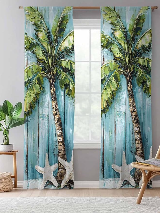 Sheer Curtains 96 Inches Long, Coastal Beach Starfish Semi Sheer Curtains Light Filtering Window Treatment, Blue Green Tropical Palm Tree Wood Grain Privacy Voile Drapes for Living Room 52x96 Inch