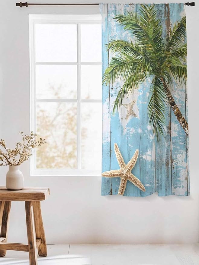 Sheer Curtains 72 Inches Long, Coastal Beach Blue Semi Sheer Curtains Light Filtering Window Treatment, Tropical Coconut Tree Vintage Wood Grain Privacy Voile Drapes for Living Room Bedroom 52x72 Inch