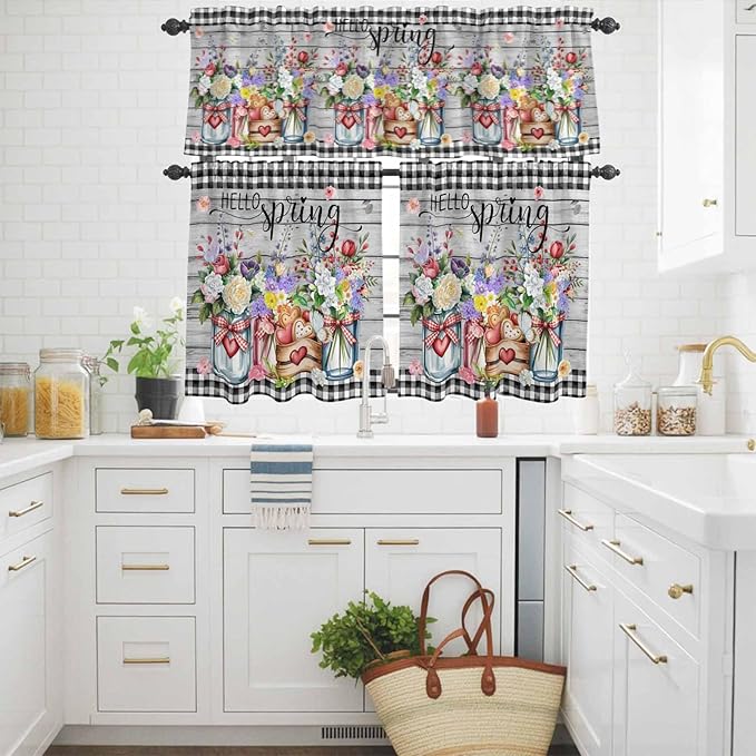 Spring Flowers Kitchen Curtains Set 3 Piece for Windows, Rod Pocket Valance and Tier Set 24 Inch Length, Farmhouse Black Plaid Wood Grain Light Filtering Cafe Curtains for Living Room Bathroom