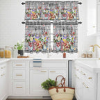 Spring Flowers Kitchen Curtains Set 3 Piece for Windows, Rod Pocket Valance and Tier Set 24 Inch Length, Farmhouse Black Plaid Wood Grain Light Filtering Cafe Curtains for Living Room Bathroom