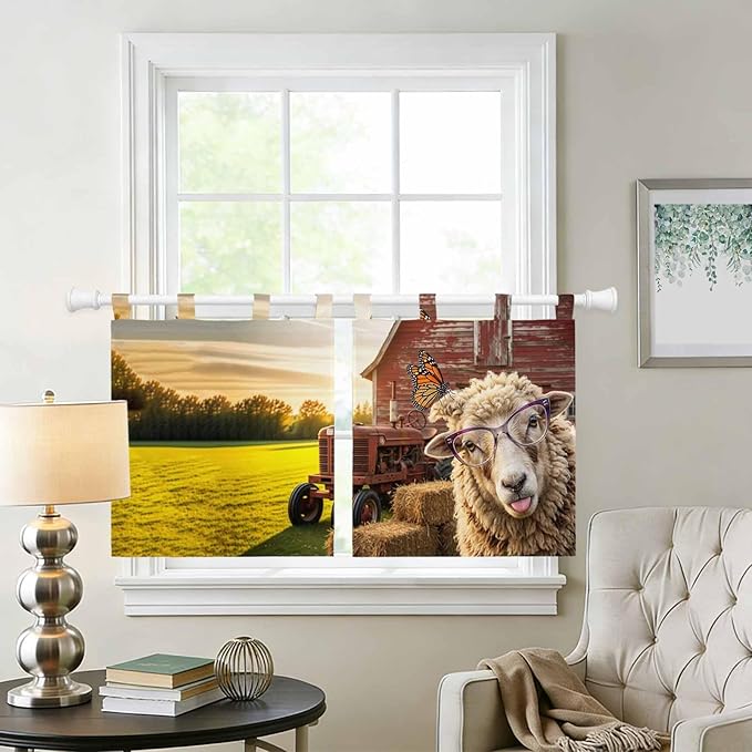 Farm Sheep Kitchen Curtains 36 Inch Length, Small Window Curtains Tab Top, Farmhouse Barn Funny Animals Butterfly Light Filtering Short Window Treatments Tier Drapes 27.5"x36" 2 Panel