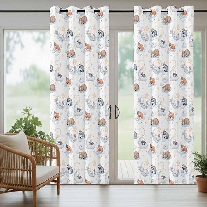 Cartoon Animals Outdoor Curtains for Patio Raccoons Rabbits Moon Waterproof Outside Curtains with Grommet Top Weatherproof Curtain for Cabana Pergola Gazebo, 1 Panel, 54" W x 108" L