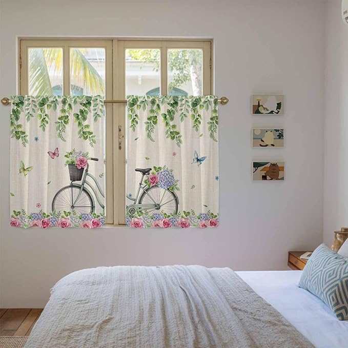 Farmhouse Spring Kitchen Curtains, Retro Bicycles Flowers Vines Butterfly Light Filtering Window Curtain Panels, 2Pcs Rod Pocket Window Treatments Set for RV Dining Room Study Room 42x54 Inches