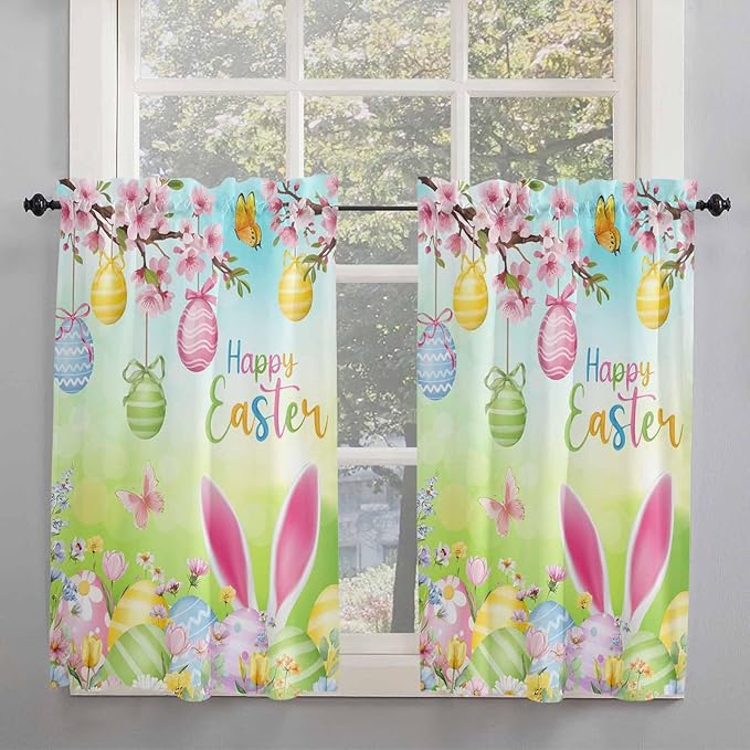 Easter Tier Curtains 45 Inches Long, Spring Bunny Colorful Rabbit Eggs Butterfly Blue Green Window Treatment Curtain Drapes, Window Half Privacy Curtains for Bedroom Bathroom, 42"x45", 2 Panels
