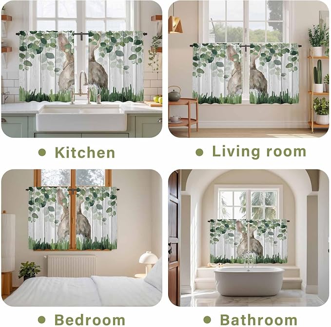 Easter Kitchen Curtains, Country Rabbit Botanical Leaves Wooden Grain Light Filtering Window Curtain Panels, 2Pcs Rod Pocket Window Treatments Set for RV Dining Room Study Room 42x54 Inches