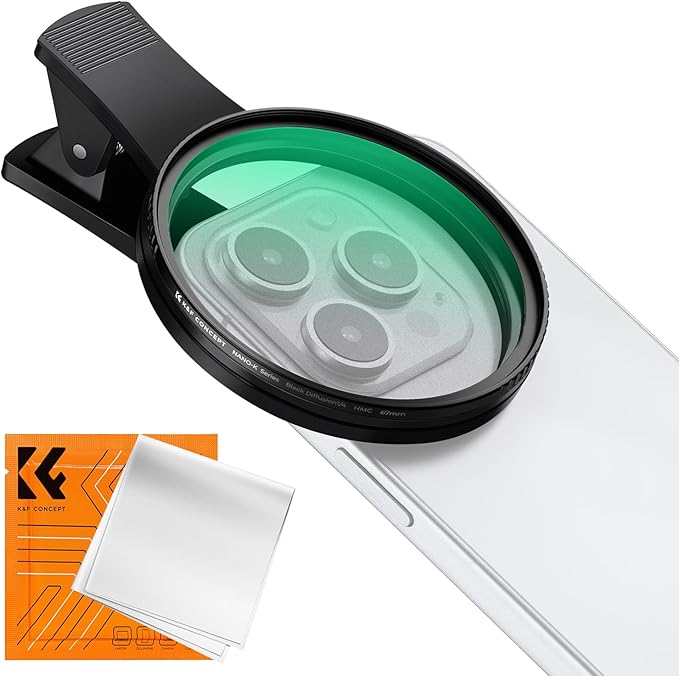 K&F CONCEPT 67mm Clip-on Black Diffusion 1/4 Phone Camera Lens Filter Kit, Mist Cinematic Effect Filter Compatible with iPhone 16 15 14 13 12 11, for Video/Vlog/Portrait Photography