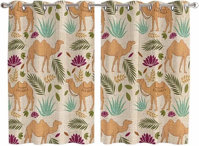 2 Panel Kitchen Cafe Curtains, Desert Camels Sunlight Filtering Nature Air Through, Home Decor Window Covering Tier Curtains for Living Room 104W x 72L inch Vintage Sand Animals Aloe Vera Leaves Beige