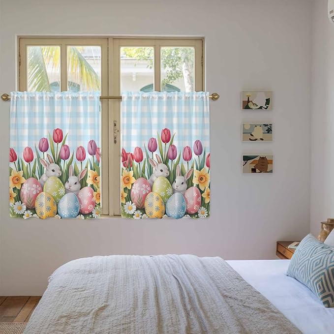 Easter Kitchen Curtains 54 Inch Long 2 Panel Set,Rod Pocket Window Curtains Panels,Spring Bunny Colorful Eggs Tulip Flowers Blue Check Light Filtering Privacy Draperies for Bedroom Laundry 42"W x 54"L