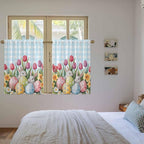 Easter Kitchen Curtains 45 Inch Long 2 Panel Set, Rod Pocket Window Treatment, Spring Bunny Colorful Eggs Tulip Flowers Blue Check Light Filtering Panels Short Drapes for Bathroom Camper 42"W x 45"L
