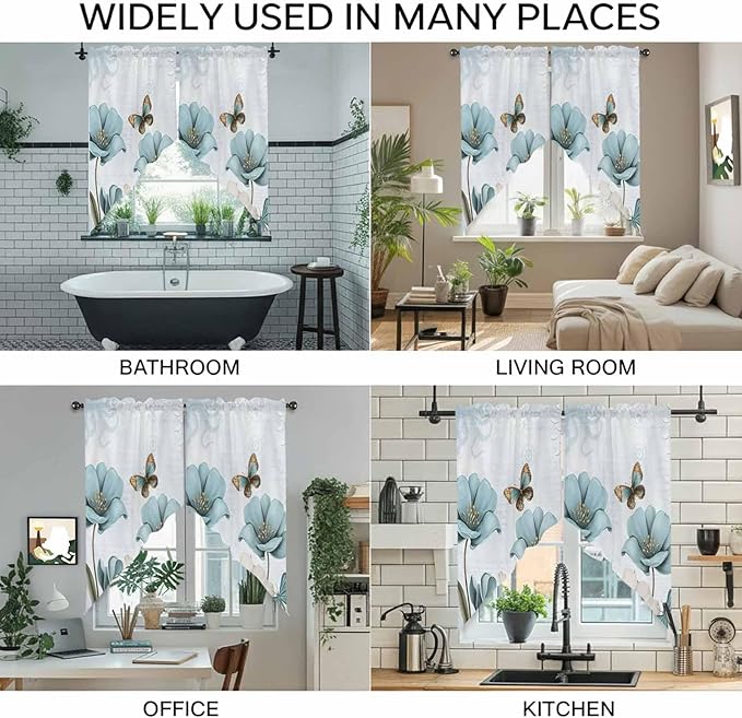 Blue Tulips Swag Valances for Windows, Watercolor Flowers Butterfly Spring Farmhouse Blue Rod Pocket Kitchen Curtains Valance, Small Window Curtains Swag for Cafe Living Room, 2 Panels, 36x36 inch