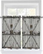 Vintage Gate Kitchen Curtains 54 Inches Length, Farmhouse Wooden Grain Shabby Chic Door Window Treatment Curtain Drapes, Decorative Window Curtains for Bedroom Cafe, 52"x54", 2 Panels
