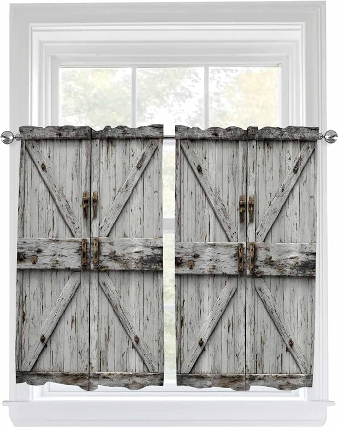 Vintage Gate Kitchen Curtains 54 Inches Length, Farmhouse Wooden Grain Shabby Chic Door Window Treatment Curtain Drapes, Decorative Window Curtains for Bedroom Cafe, 52"x54", 2 Panels