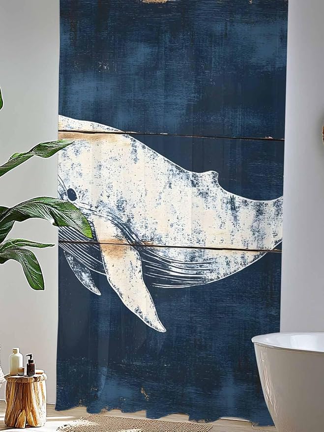 Sheer Curtains 96 Inches Long, Ocean Whale Blue Semi Sheer Curtains Light Filtering Window Treatment, Coastal Vintage Wooden Grain Privacy Voile Drapes for Living Room Bedroom 52x96 Inch