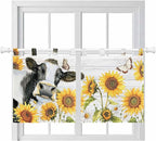 Retro Farmhouse Floral Kitchen Curtains 36 Inch Length, Small Window Curtains Tab Top, Yellow Sunflowers Cows Butterfly Wood Light Filtering Short Window Treatments Tier Drapes 27.5"x36" 2 Panel