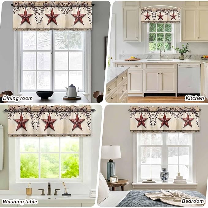 Farmhouse American Valances for Windows, Country Star Berries Vintage Wood Grain Kitchen Valance Light Filtering Rod Pocket Short Curtains for Kitchen Bathroom, 1 Panel, 60"x14"