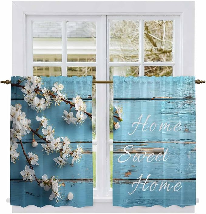 Farmhouse Wooden Grain Kitchen Curtains, Vintage Shabby Chic Flower Blue Light Filtering Window Curtain Panels, 2Pcs Rod Pocket Window Treatments Set for RV Dining Room Study Room 42x54 Inches