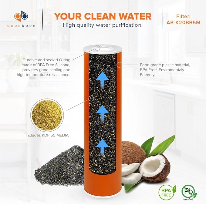 Aquaboon 20x4.5" Whole House Water Filter Cartridge – Premium KDF Heavy Metal & Chlorine Removal – Fits DB20P Housings 6 Pack