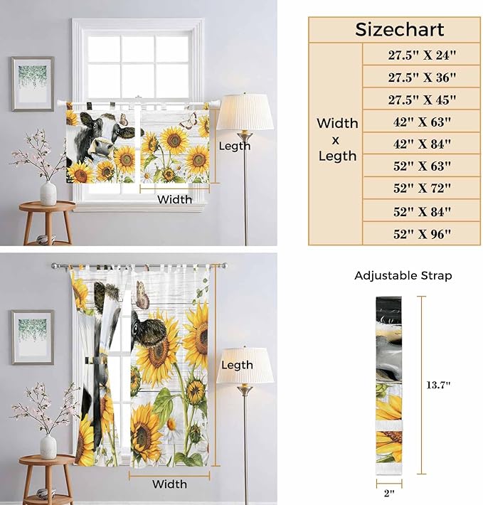 Retro Farmhouse Floral Bedroom Curtains 63 Inch Length, Window Curtains Tab Top, Yellow Sunflowers Cows Butterfly Wood Light Filtering Window Treatments Drapes 42"x63" 2 Panel