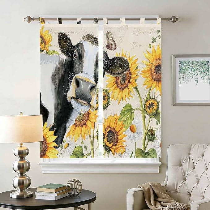 Yellow Sunflowers Living Room Curtains 84 Inch Length, Window Curtains Tab Top, Country Cow Flower Butterfly Farmhouse Cream Light Filtering Window Treatments Drapes 42"x84" 2 Panel