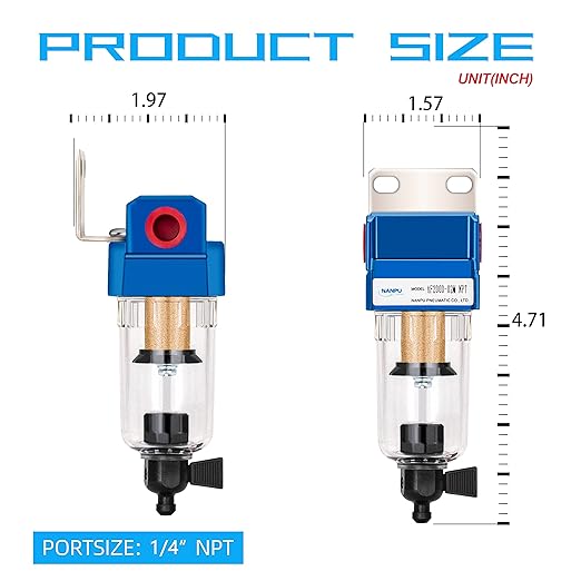 NANPU 1/4" NPT Compressed Air Line Filter, 5 Micron Brass Element, Manual Drain, Bracket, Poly Bowl, 145 PSI