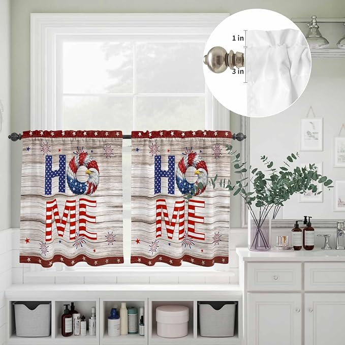 4th of July Kitchen Curtains Set 3 Piece for Windows,Rod Pocket Valance and Tier Set 24 Inch Length,Stars Striped Farmhouse American Flag Wood Grain Light Filtering Cafe Curtains for Living Room