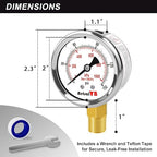 0-150 PSI Pressure Gauge, Liquid-Filled, 2-Inch, Stainless Steel Case, Brass Internals, 1/4" NPT Bottom Mount, Pressure Gauge for Air Compressor, RV Regulator, and Industrial Use
