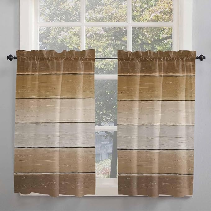 Vintage Brown Gradient Wood Grain Window Valance Curtains, Farmhouse Wood Barn Light Filtering Kitchen Valance with 3-inch Rod Pocket for Living Room Bathroom Bedroom,2 Panel,27.5x45In