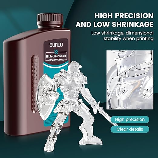 SUNLU High Clear 3D Printer Resin, High Transparency 3D Printing Resin, Resist Yellowing Clear Resin, 405nm UV Curing 3D Printing Photopolymer Resin, Suitable for LCD/DLP/SLA 3D Resin Printer, 1000g