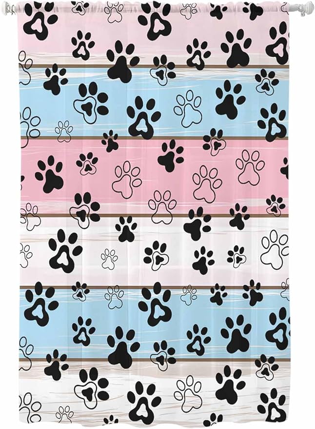 Sheer Curtains 63 Inch Length, Pink Blue Paw Print Semi Sheer Curtains Light Filtering Window Treatment, Vintage Farmhouse Wooden Grain Privacy Voile Drapes for Living Room Bedroom 52x63 Inch