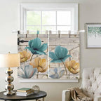 Watercolor Flowers Kitchen Curtains 45 Inch Length, Short Cafe Window Curtains Tab Top, Vintage Tulips Floral Barn Doors Wood Grain Light Filtering Window Treatments Tier Drapes 27.5"x45" 2 Panel