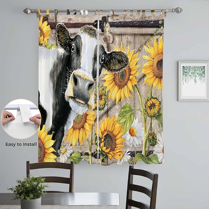 Retro Farmhouse Flower Living Room Curtains 84 Inch Length, Window Curtains Tab Top, Yellow Sunflowers Cow Barn Doors Brown Light Filtering Window Treatments Drapes 52"x84" 2 Panel
