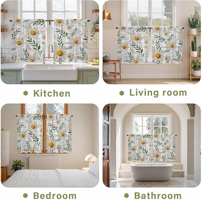 Spring Daisy Kitchen Curtains, Farmhouse Country Flower Leaf Plant Wood Grain Light Filtering Window Curtain Panels, 2Pcs Rod Pocket Window Treatments Set for RV Dining Room Study Room 42x54 Inches